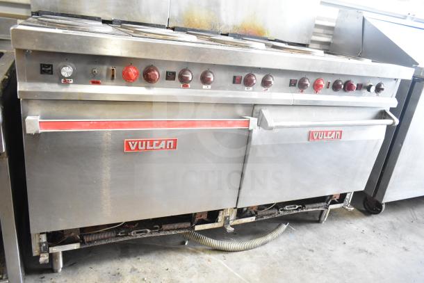 Vulcan ESB60 commercial electric 10 burner range, 2 ovens, salamander cheese melter. Model ESB60. Used condition.