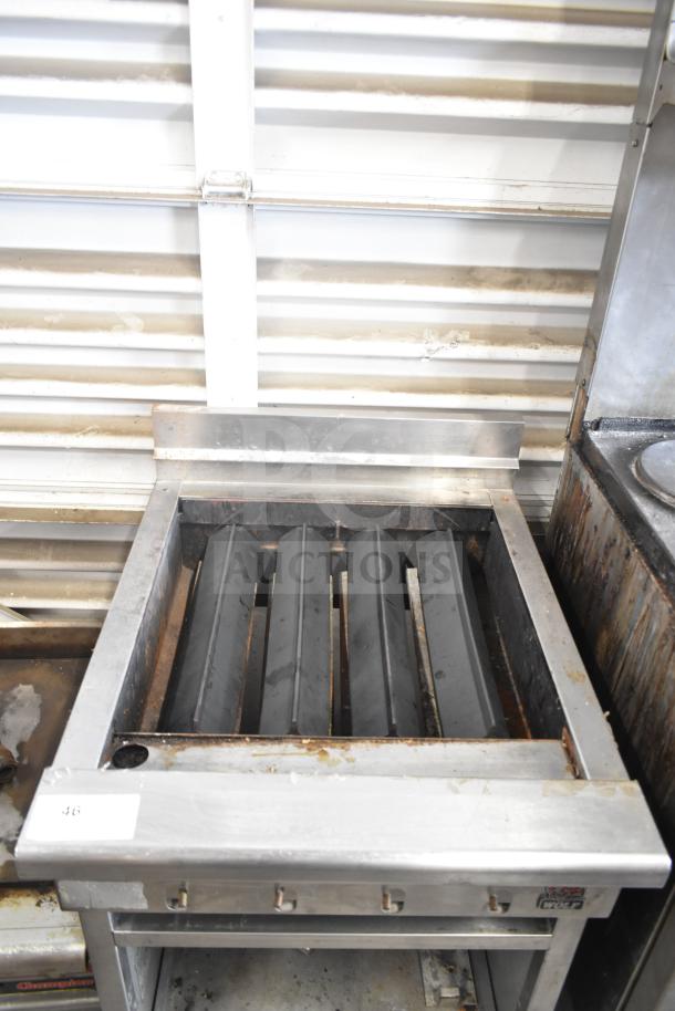 Wolf SCB25F-1 commercial natural gas charbroiler grill. Missing grates, visible rust. Sturdy build, ideal for commercial use.