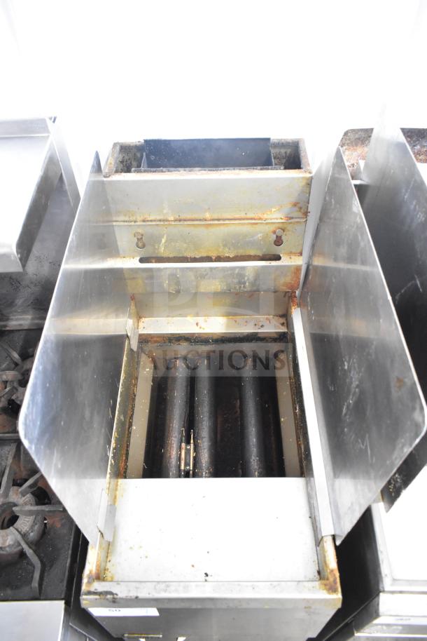 Pitco Frialator commercial gas deep fat fryer with two side splash guards, 90,000 BTU, showing signs of use.