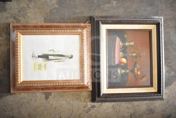 Two framed pictures; one features a sepia-toned portrait in an ornate gold frame, the other a still life painting in a dark wood frame.