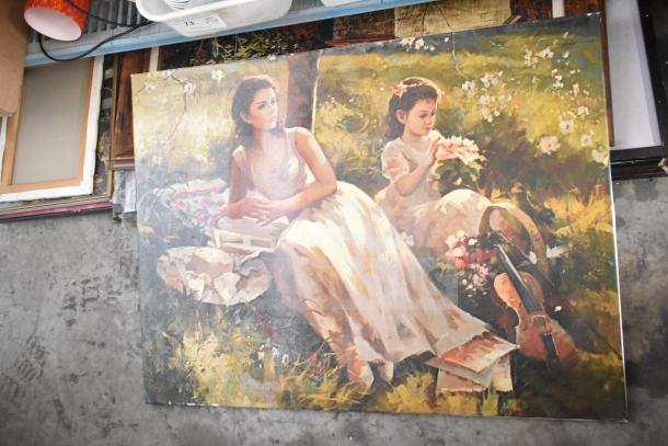 Framed painting of two girls in a field, includes vintage-style dresses and a violin, part of 29 various framed pictures auction lot.
