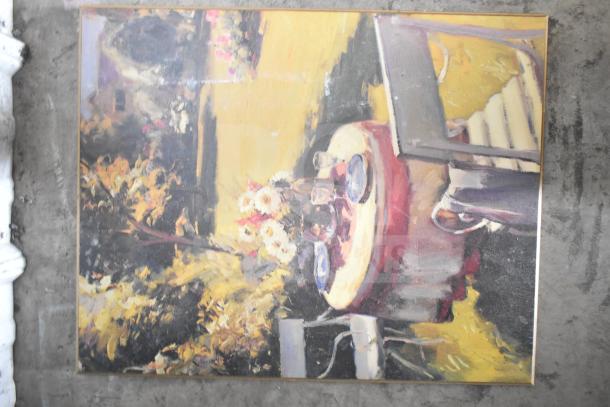 Framed picture of a vibrant outdoor scene with a table and flowers, displaying signs of wear. Part of 29-item collection.