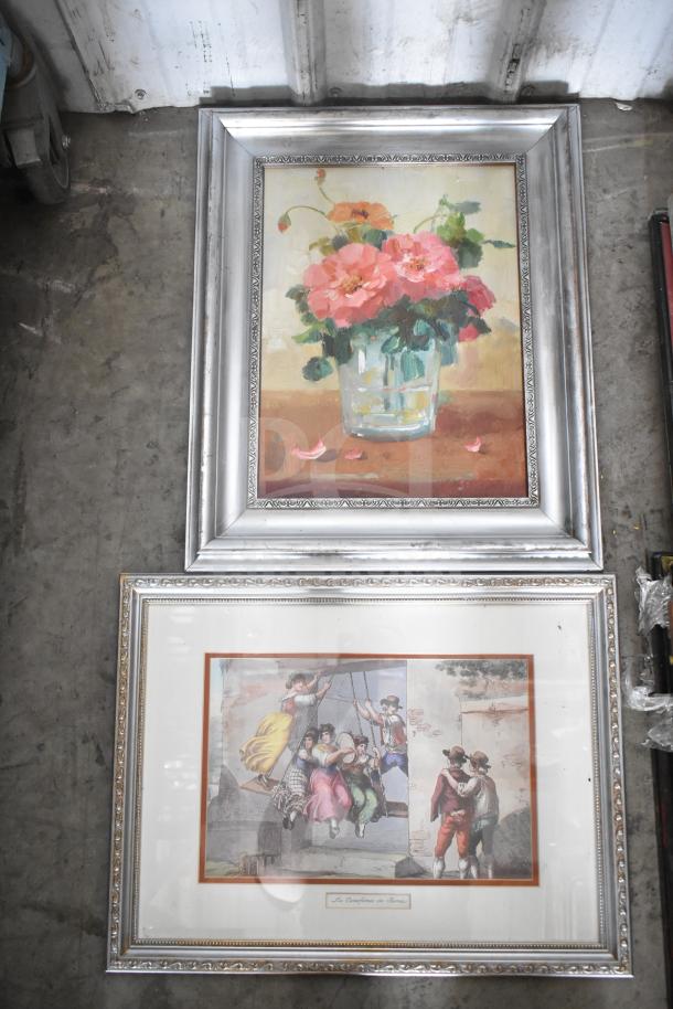Framed pictures with ornate silver frames; one floral painting, one historical scene. Offered as part of a 29-piece set.
