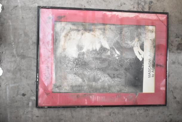 Framed picture with a red border, showing wear. Label indicates "Mascagni, to Adol." Set of 29 various framed pictures.