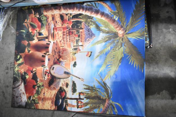 Tropical-themed framed picture with a beach scene, palm trees, and musical instruments, vibrant colors, in good condition.