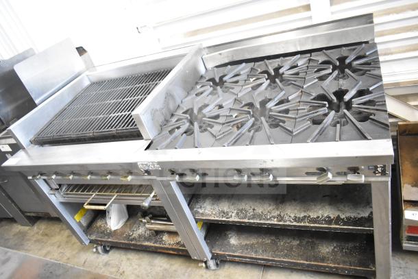 Montague UF-36R commercial gas range with 6 burners, left charbroiler, under shelves, on casters; stainless steel, used condition.