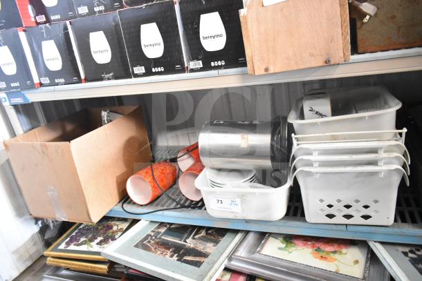 Lot of assorted items including Berevino boxes, white poly buckets, air pot, lights, paint rollers, brushes, and tools.