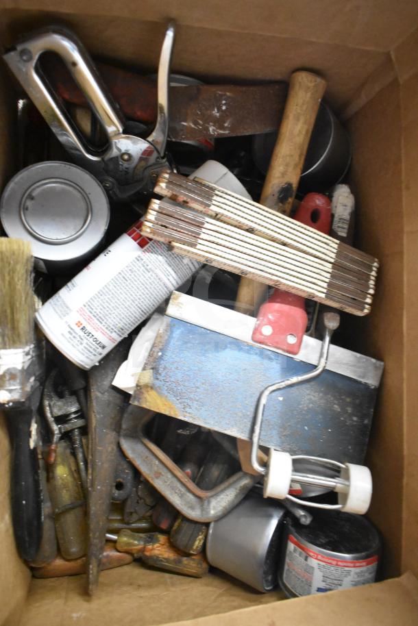 Lot of various items including white poly buckets, air pot, brushes, paint rollers, lights, tools in a box. Rust-Oleum can visible.