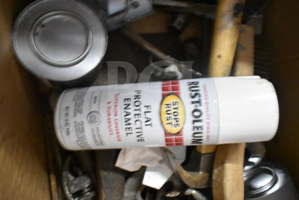 Auction lot with Rust-Oleum paint can, tools, and accessories. Includes white poly buckets, air pot, lights, rollers, brushes.