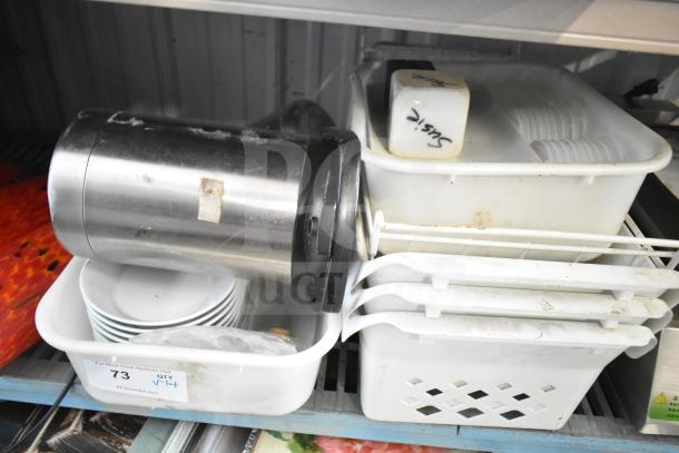 Lot of items including stainless steel air pot, white poly buckets, plates, and labeled bin. Used condition.