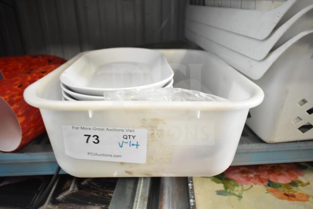 Lot of various items including white poly buckets, air pot, lights, paint rollers, brushes, and tools. Marking shows "Lot 73."