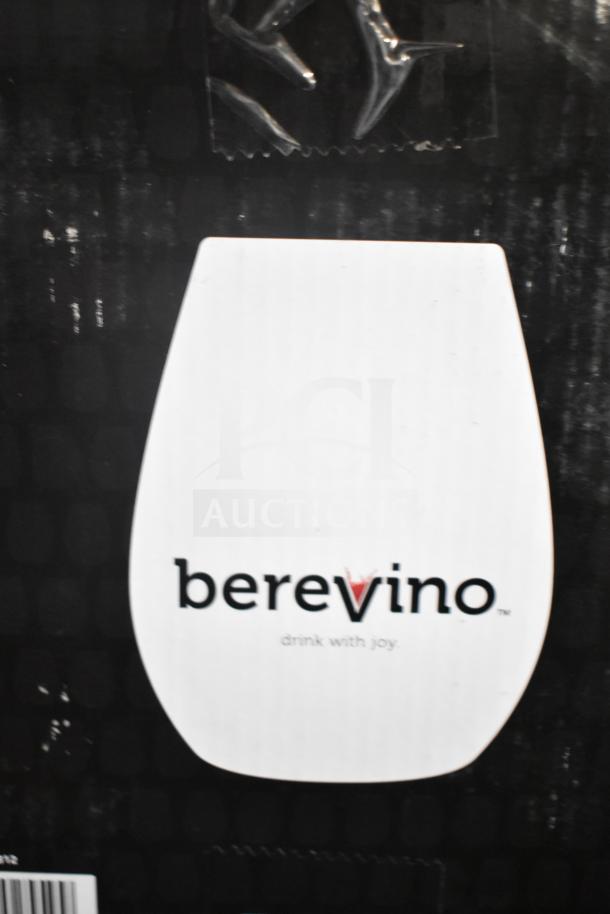 Box of Berevino BV1812 stemless wine glasses, brand new. Visible logo: "berevino, drink with joy." Labels indicate contents.