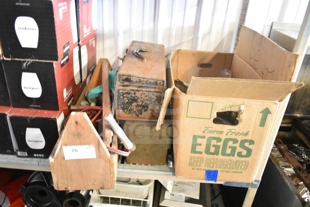 Lot of items including clamp, jumper cables, tools, and toolboxes in various conditions. Includes egg box with tools.
