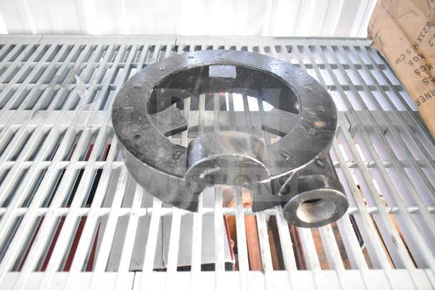 Cast iron ring burner for range, used condition, circular design, visible threading for connection. Perfect for range repair.