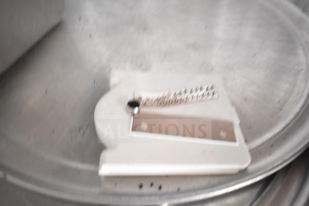 Lot with stainless steel drop-in bins, bowl, cutting board, utensils, and round baking sheets; mixed kitchen items.