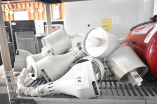 6 Hatco DL-500-RTL retractable cord heat lamps, glossy gray finish, 120V, 1 phase, with caution labels visible.