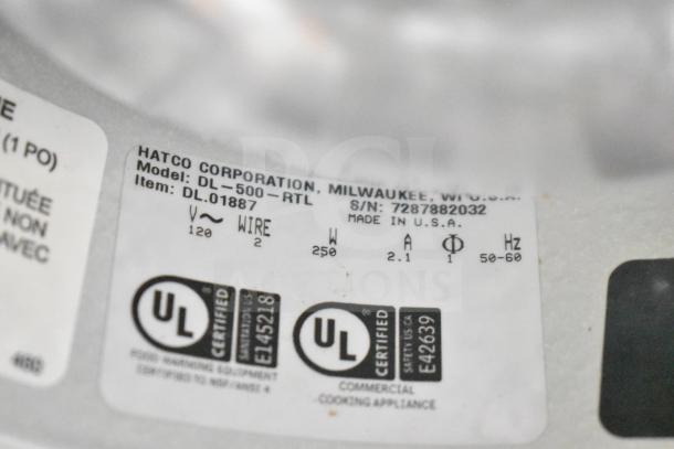 Hatco DL-500-RTL heat lamp label, showing model, serial number, voltage, and UL certification details. Made in USA.