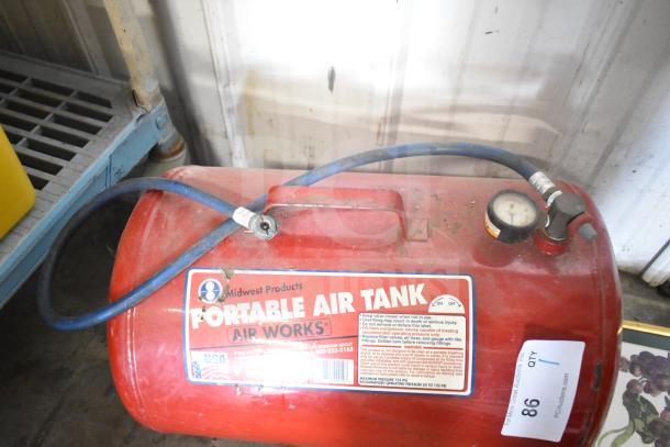 Midwest Products Portable Air Tank, red, durable condition, pressure gauge and hose attached, visible safety instructions.