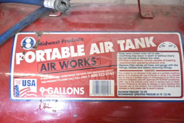 Midwest Products Portable Air Tank, 9 gallons, red with label detailing usage instructions, made in USA.
