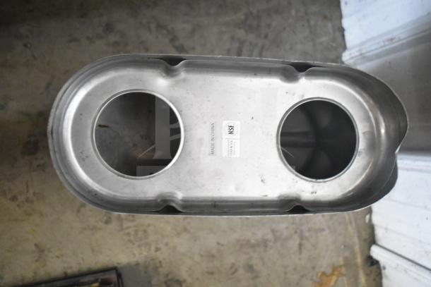 Stainless steel beverage holder dispenser with two compartments, labeled "Made in China" and NSF certified.