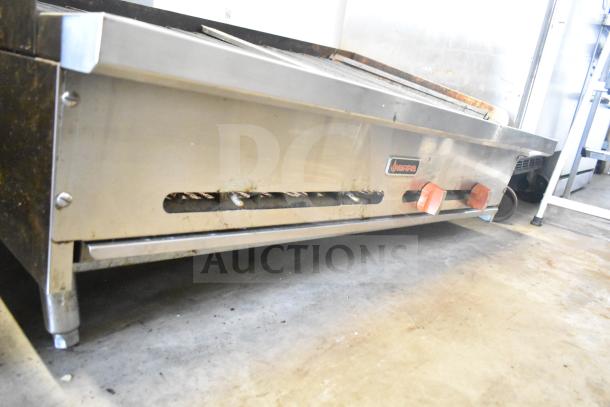 Sierra Commercial Countertop Gas Charbroiler Grill, stainless steel, visible wear, two red control knobs.