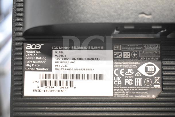 Acer V176L monitor with CAS ED scale on stand, 120 volts, 1 phase, tested and working. Label details model, power rating, and serial number.