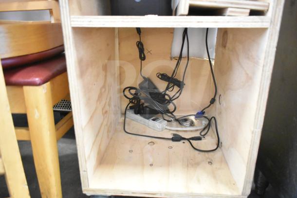 Acer V176L monitor with CAS ED scale on stand. Tested, working, 120V, 1 Phase. Image shows cords and plugs in cabinet.