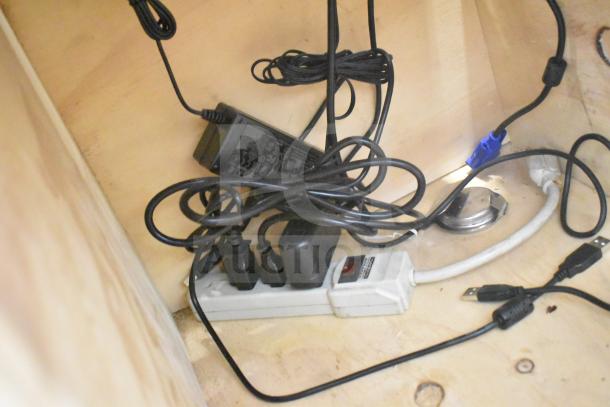 Acer V176L monitor with CAS ED scale on stand, tested and working. Several cables and a power strip are present.