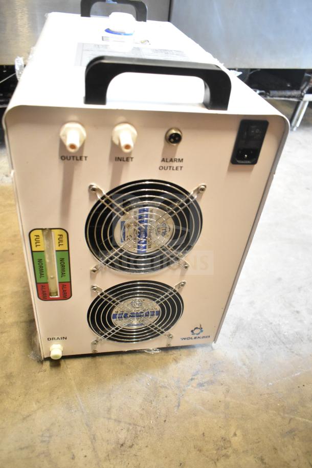 Wolen CW-5200 Industrial Water Chiller, 6L capacity, dual fans, inlet/outlet ports, alarm outlet, in good condition.