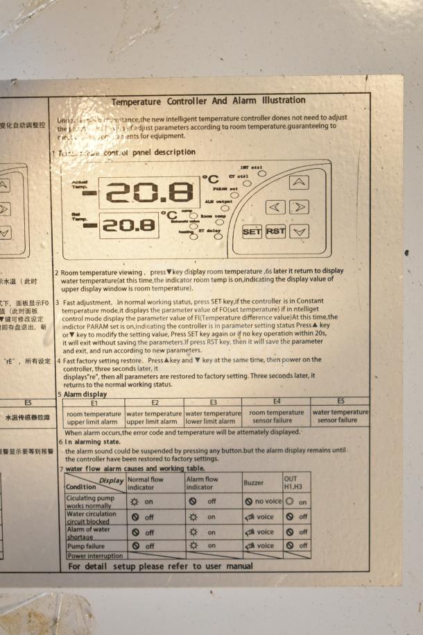 Wolen CW-5200 Industrial Water Chiller label detailing temperature controller functions and alarm system.