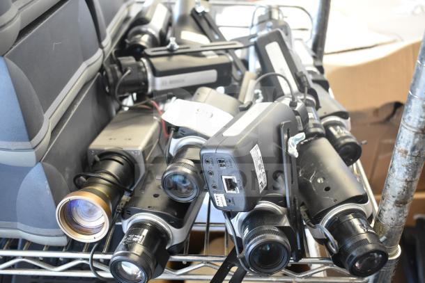 Bosch NBN-50022-C-W security network color cameras, lot of 18, mixed condition, visible ports and lenses.