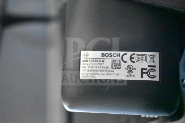 Bosch NBN-50022-C-W Security Network Color Camera label showing model, power specifications, and certifications.