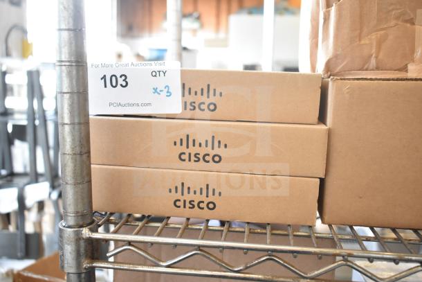 Three new Cisco 69-2819-02 rev A0 wireless access point mounting plates in boxes. Scratch and dent condition. Auction lot 103 x3.