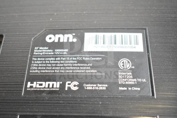 Onn 100002480 22" monitor label detailing model, FCC compliance, HDMI, and Intertek certification.
