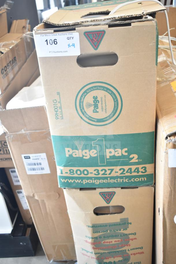 Four boxes of Paige1pac electrical cable, item 106, in auction. Features handling cutouts and branding labels.