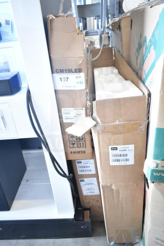 Three boxed LED monitors including Costar CM19LED 18.5", Wren GVM32-0-3011-B, Wren GVM24-0-4001-B. Auction lot.