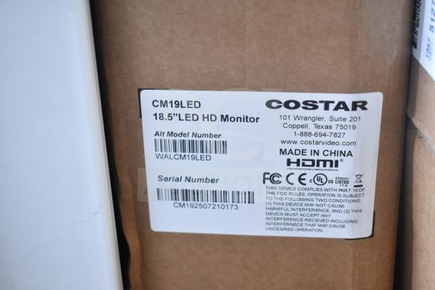 Costar CM19LED 18.5" LED HD Monitor label showing model, serial number, and compliance markings.