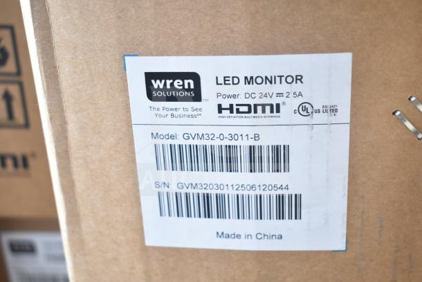 Wren GVM32-0-3011-B LED Monitor label, showing model, power specs, HDMI logo, and "Made in China" text on packaging.