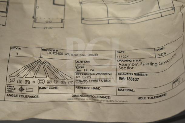 Pan-Oston assembly drawing, dated June 19, detail showing Rev #4, BRF/DCR #DCR2400169, for sporting goods POS section.