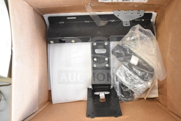Box containing various metal pieces and brackets, new condition with protective packaging.