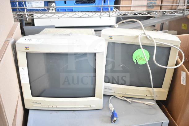 Two ViewSonic E55 VCDTS21914-2M 15" monitors, used condition, 100-240V, 1 phase, with visible wear and cables attached.