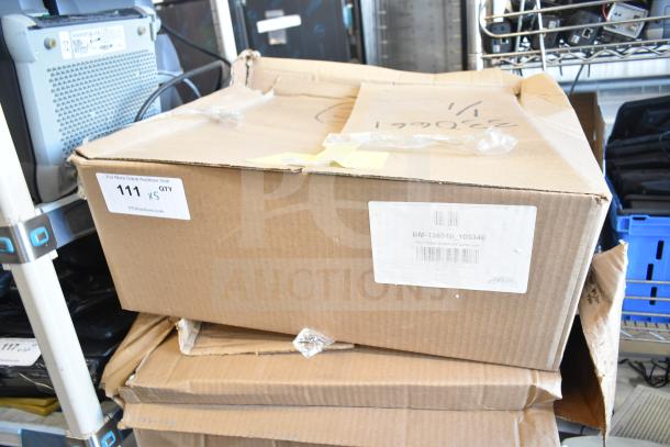 Five new BM-138610-105346 RX Printer Stands in scratch-and-dent condition, boxed with labels and minor box damage.