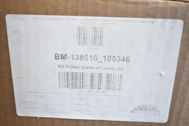 Box label for BM-138610-105346 RX Printer Stand. Item is brand new with minor imperfections, w/caster, sold in bulk.