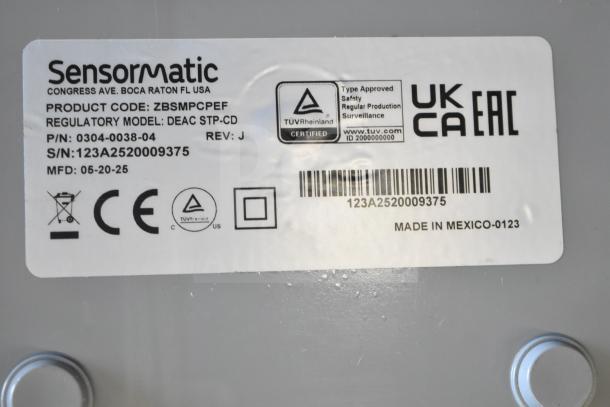 Sensormatic Compact Pad Pro, Model ZBSMPCPEF, regulatory model DEAC STP-CD, made in Mexico, product code 0304-0038-04.