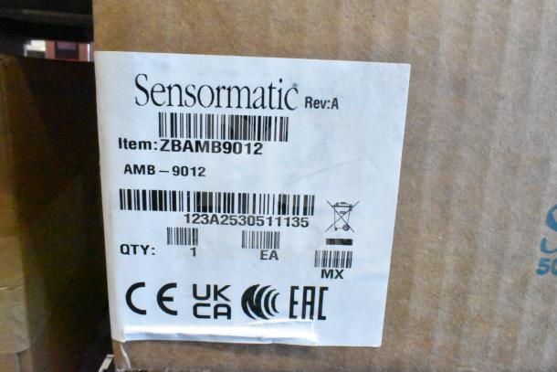 Sensormatic ZBAMB9010-IPS deactivator label on cardboard box, item code ZBAMB9012, includes CE, UKCA, EAC markings.
