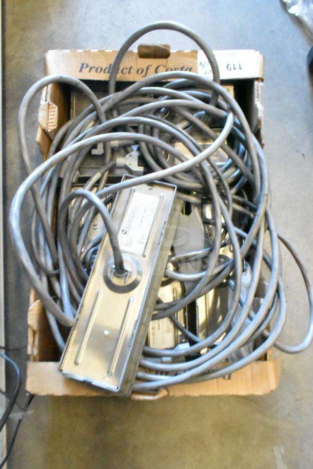 Box of various cables and a Sensormatic ZBSTPSP-L unit, used condition, bundled for auction sale of seven items.