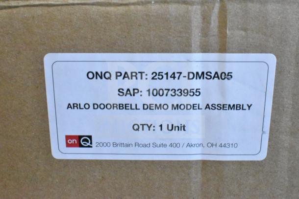 ONQ Arlo Doorbell Demo Model Assembly box with label, part number 25147-DMSA05, SAP 100733955, 1 unit.
