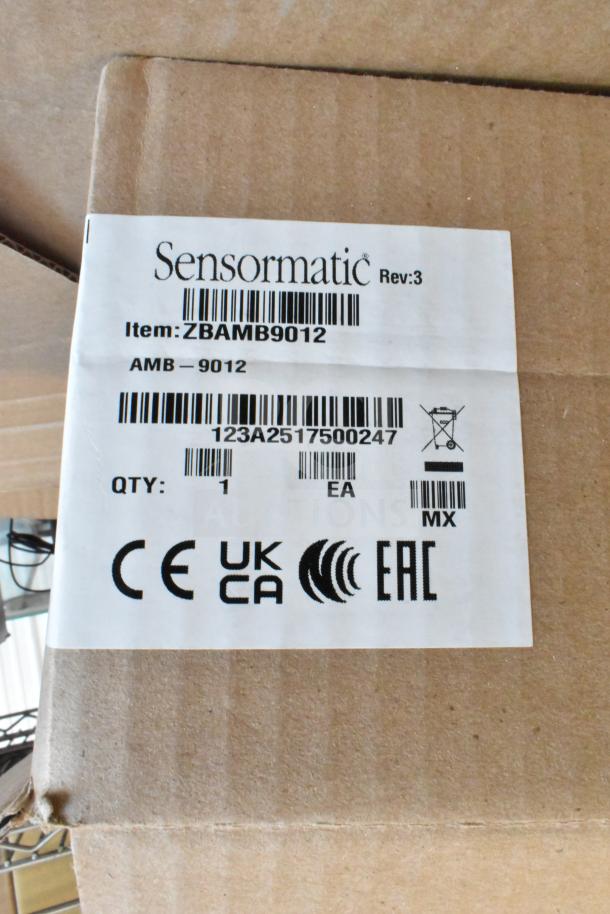 Box with Sensormatic ZBAMB9012 label, indicating a label deactivator pad. Includes regulatory symbols.