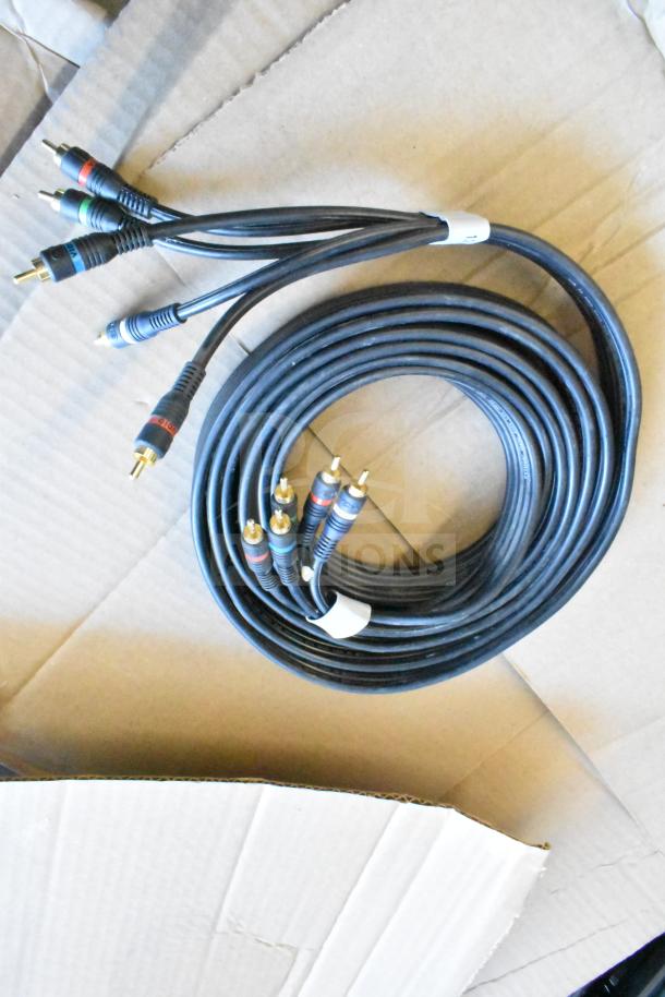 Lot of various items including component cables, coiled, with labeled connectors. Good condition.