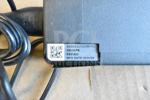 Lot includes HDMI splitter and cables. Close-up of item label with model 8SGX21J75539C1TJ, REV: 600, MFG DATE: 2025/09.